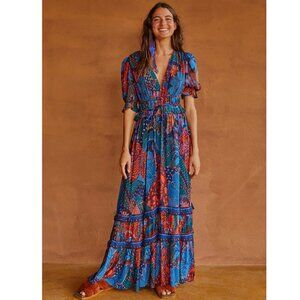 FARM Rio Blue Cool Leopard Ruffle Maxi Dress (Medium)